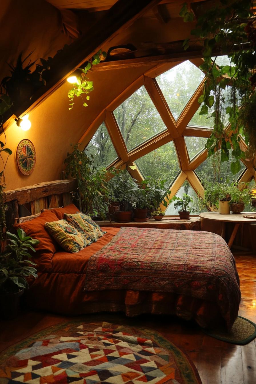 interior of a prefab geodesic dome cabin geodesic dome wooden construction series of geodesic skylight windows there are houseplants cozy bed a