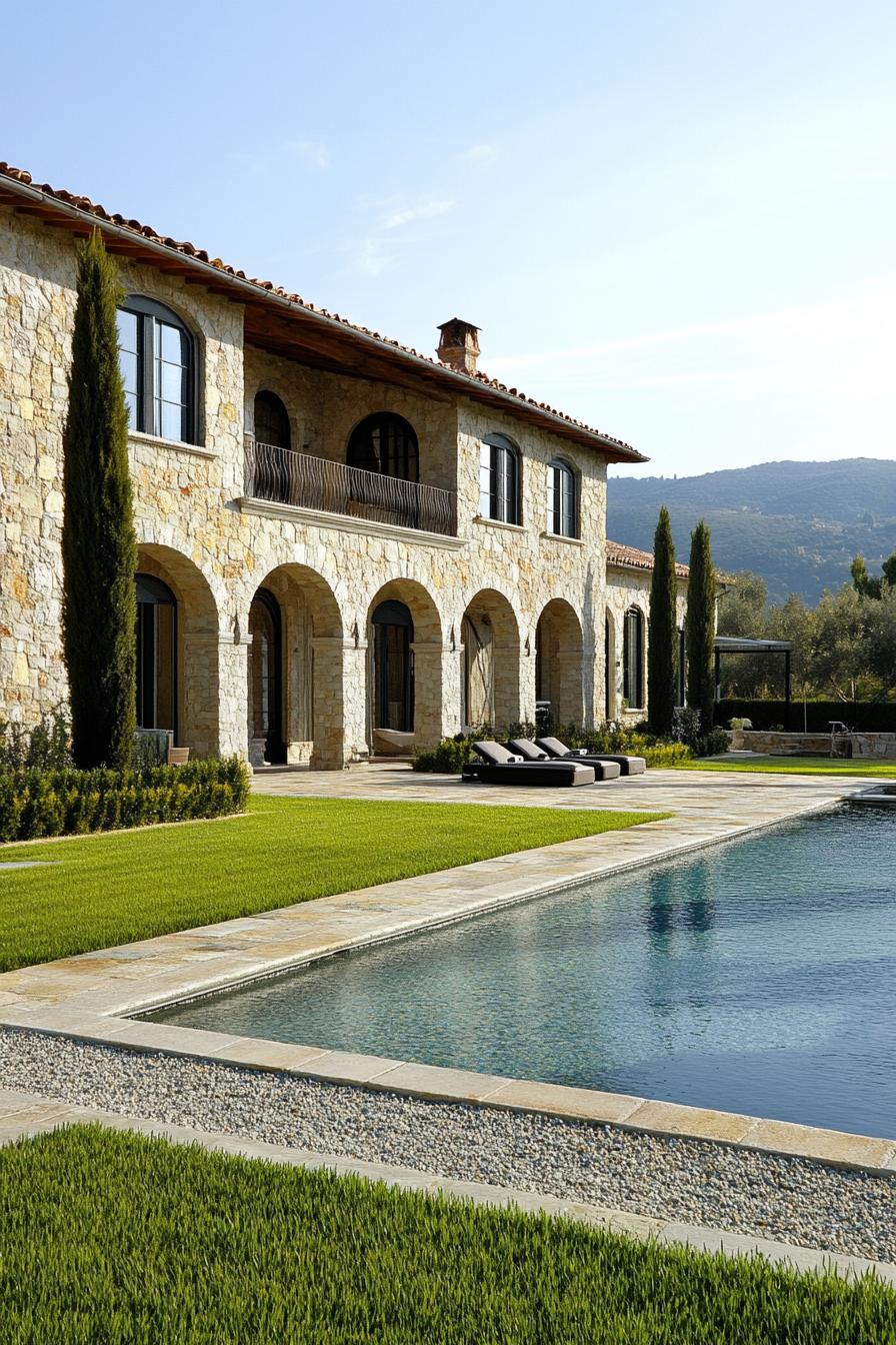 italian villa mansion estate stone facade arched windows large pool grass landscape with gravel paths italian cypress bordering mediterranean 1