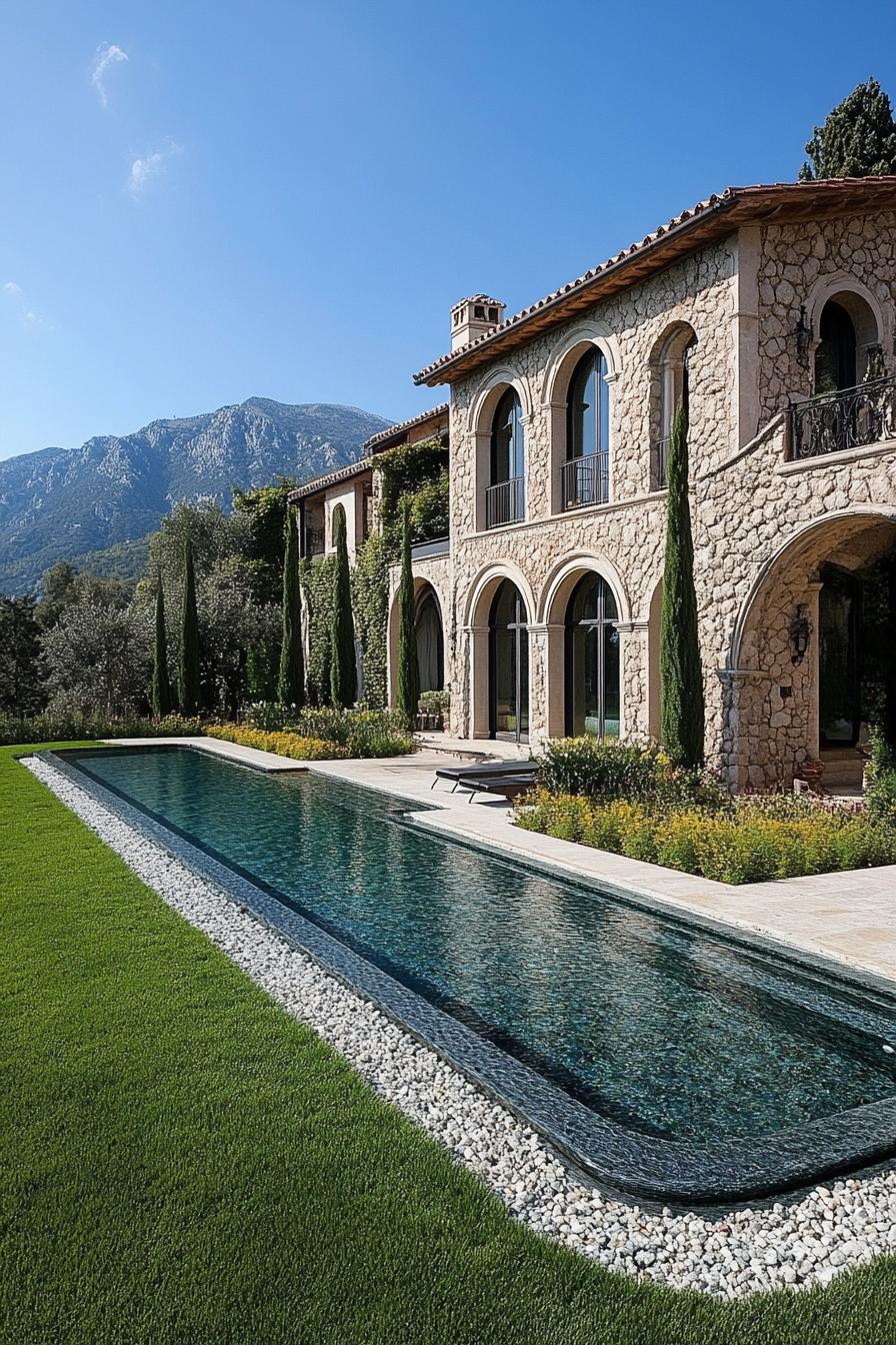 italian villa mansion estate stone facade arched windows large pool grass landscape with gravel paths italian cypress bordering mediterranean