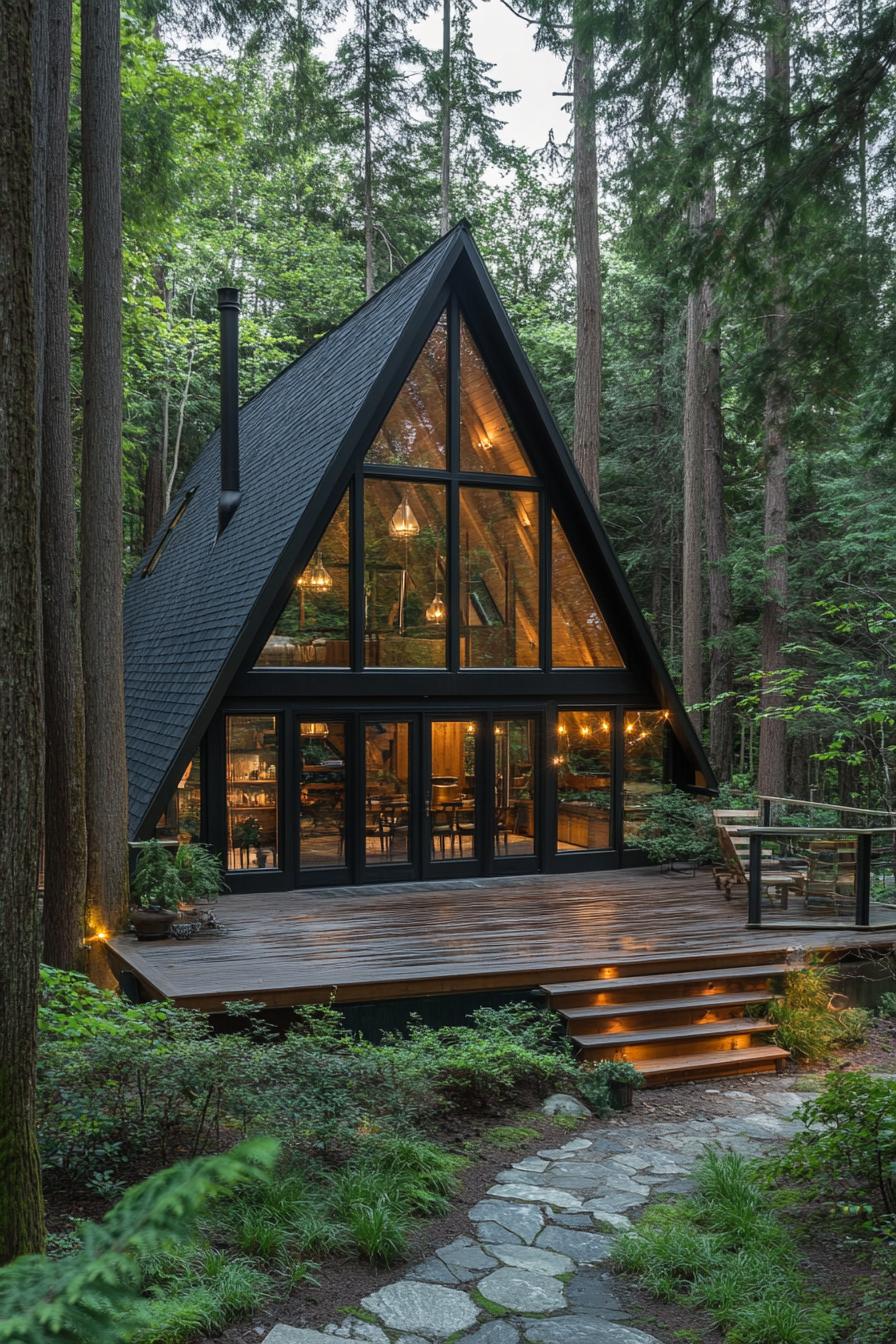 large a frame glass house in a forest with a deck black shingle roof deck with steps forest path with garden lighting pine trees around