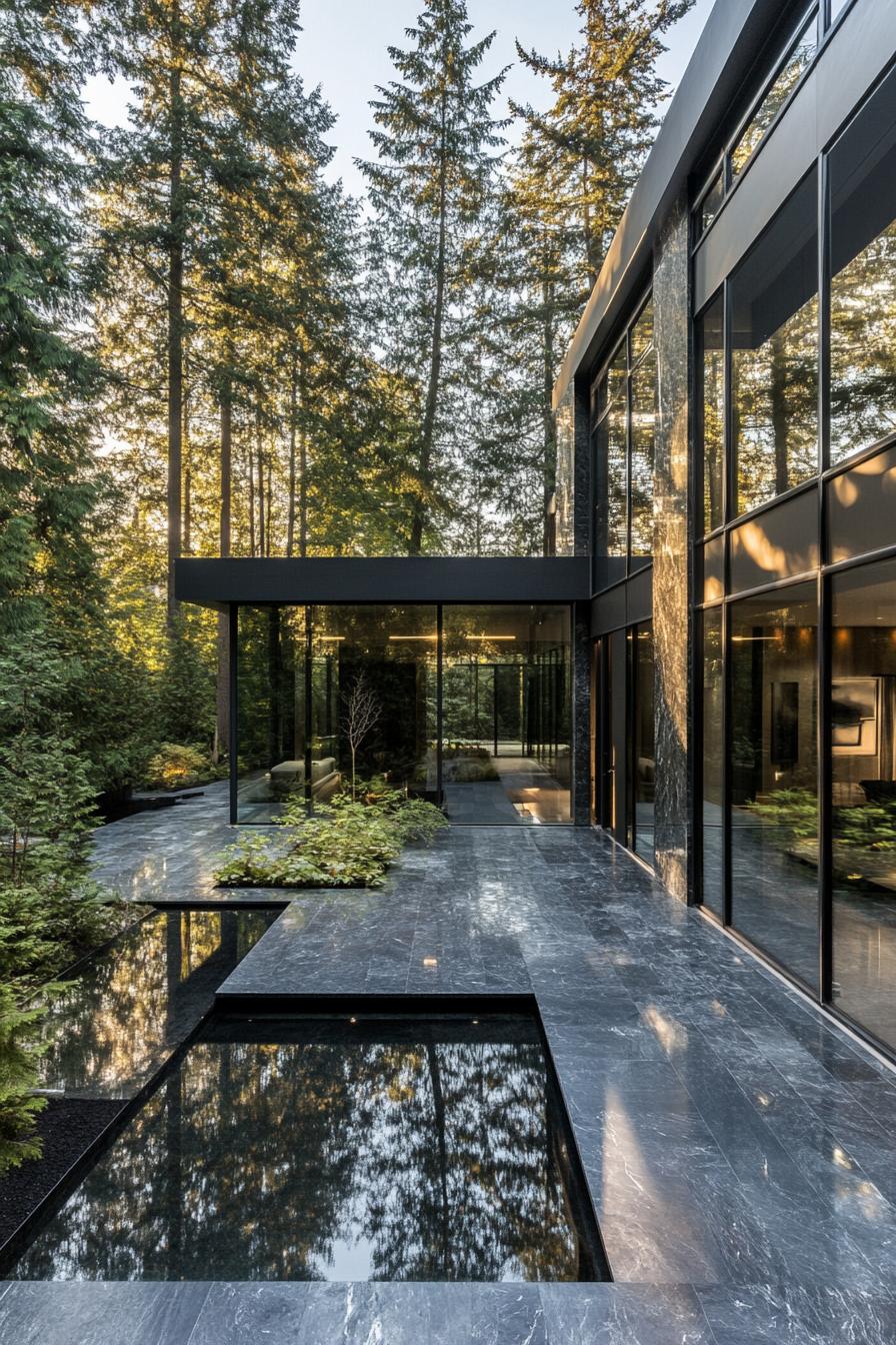 luxury modern house courtyard with black marble tall facade flat roof full glass walls tidy modern landscape with tall privacy trees small pond 1