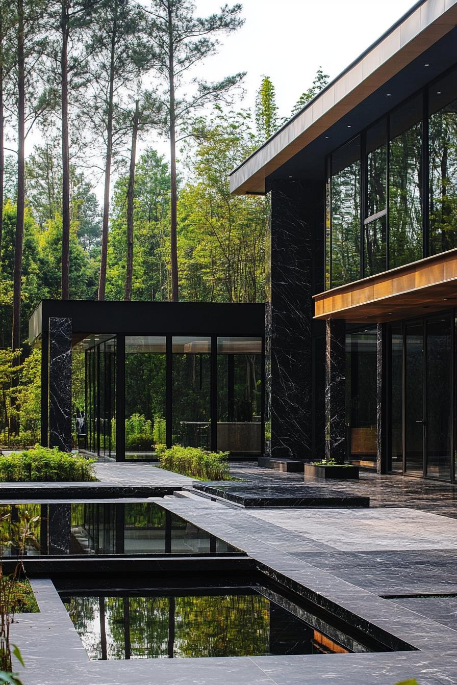 luxury modern house courtyard with black marble tall facade flat roof full glass walls tidy modern landscape with tall privacy trees small pond 2