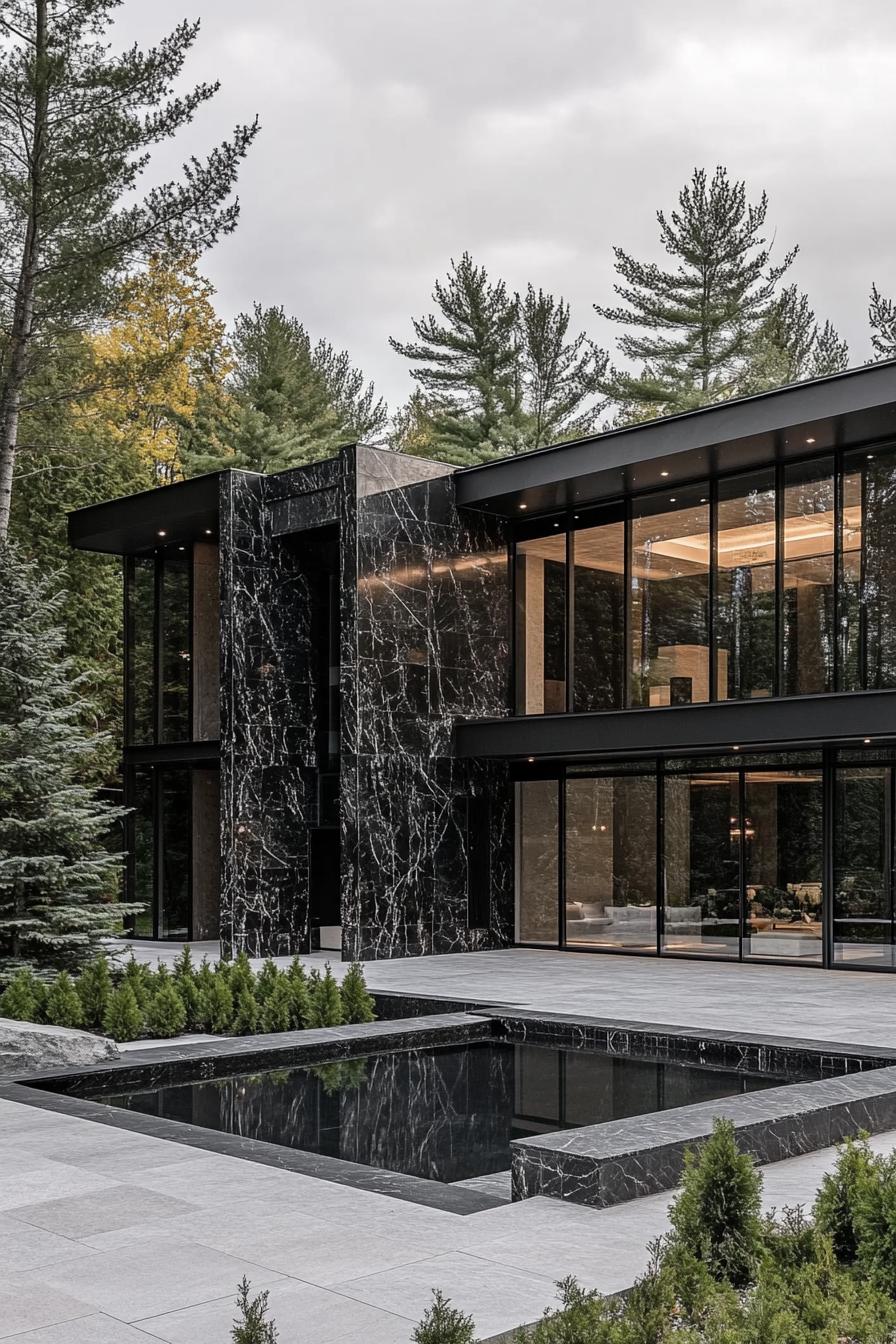 luxury modern house courtyard with black marble tall facade flat roof full glass walls tidy modern landscape with tall privacy trees small pond 3