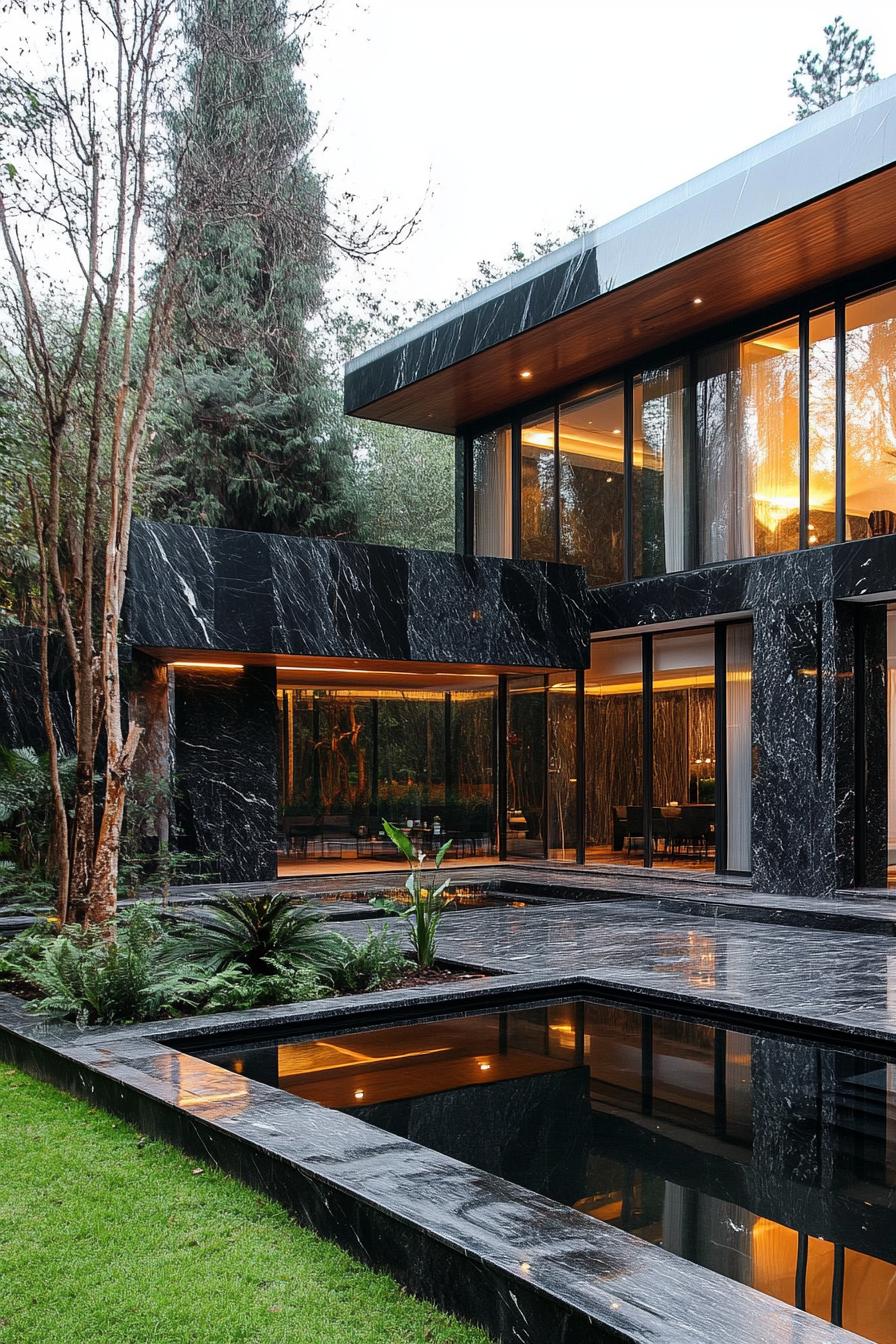 luxury modern house courtyard with black marble tall facade flat roof full glass walls tidy modern landscape with tall privacy trees small pond