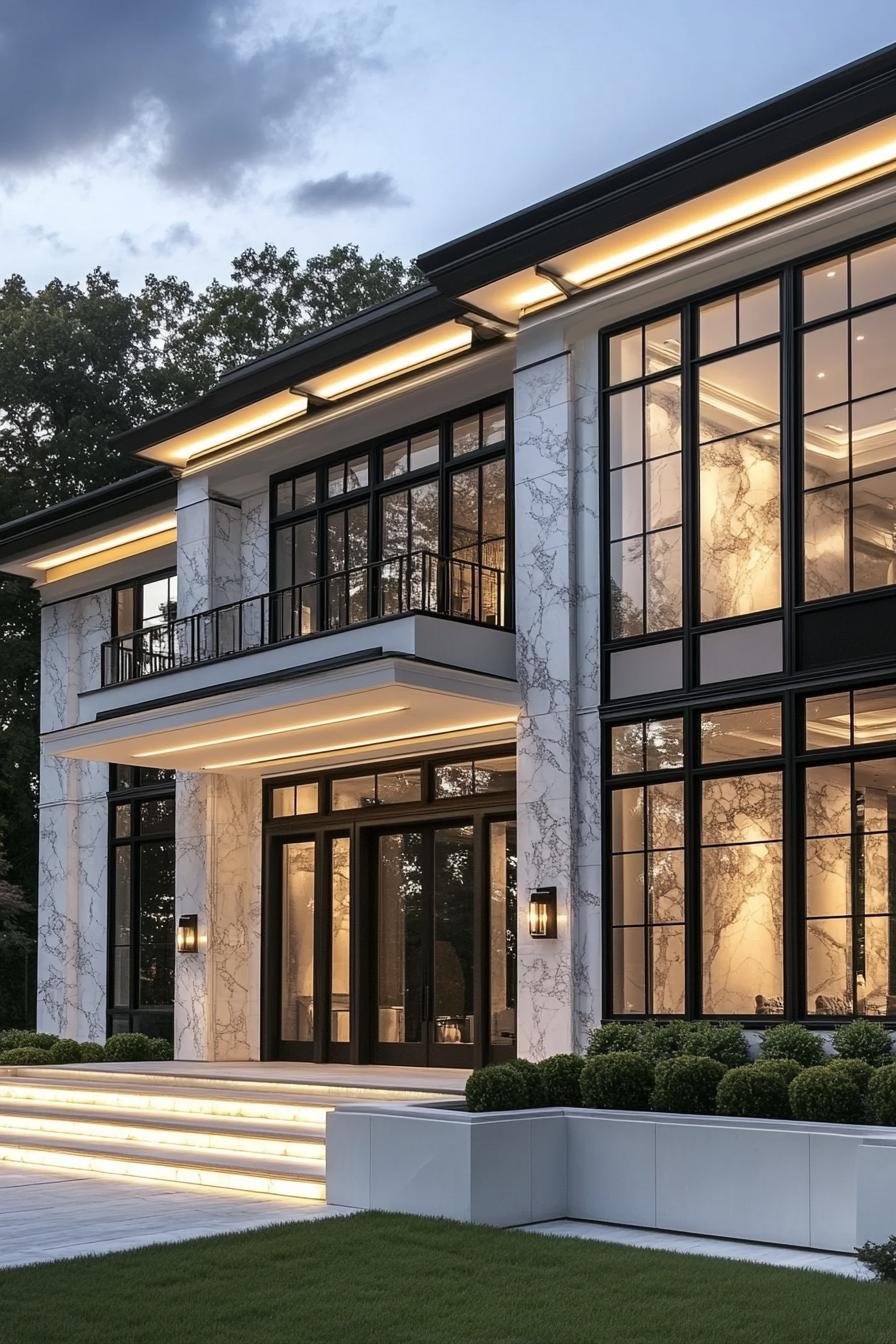 luxury modern white marble house with large windows in black trim flat roof front entry steps front deck balconies LED lighting landscape in 1