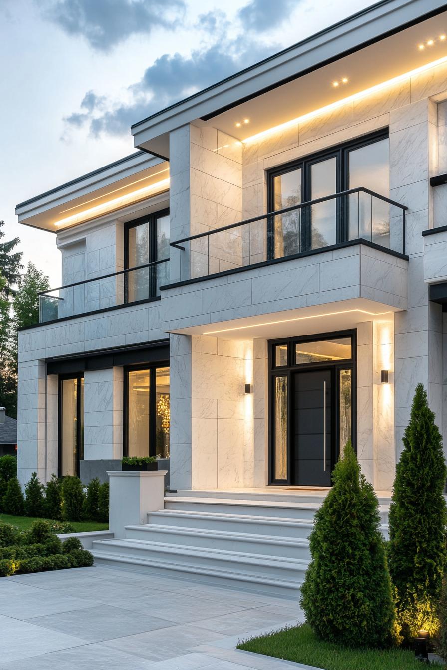 luxury modern white marble house with large windows in black trim flat roof front entry steps front deck balconies LED lighting landscape in