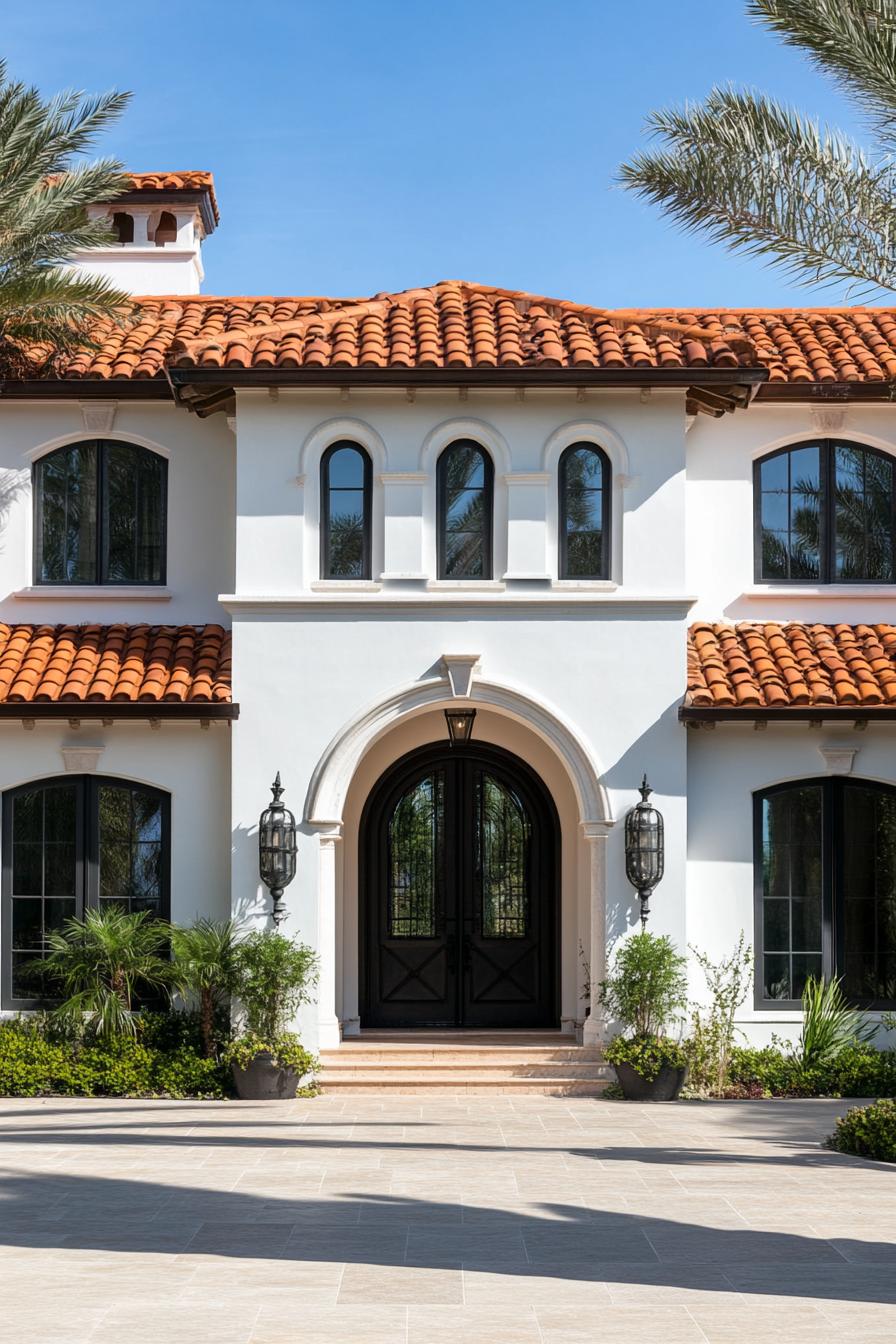 mediterranean revival architecture house facade with red barrel roof tiles with decorative finials 1