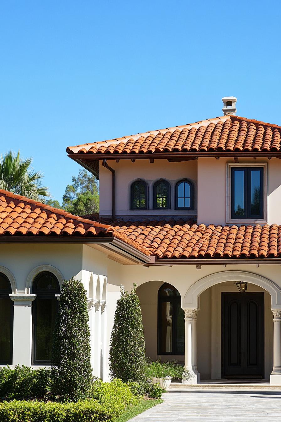 mediterranean revival architecture house facade with red barrel roof tiles with decorative finials 2