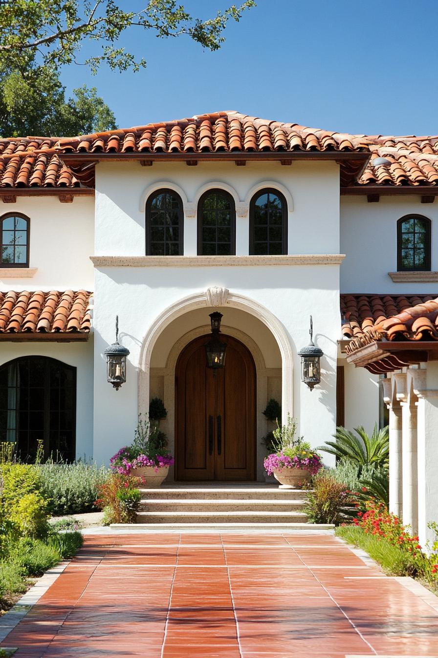 mediterranean revival architecture house facade with red barrel roof tiles with decorative finials 3