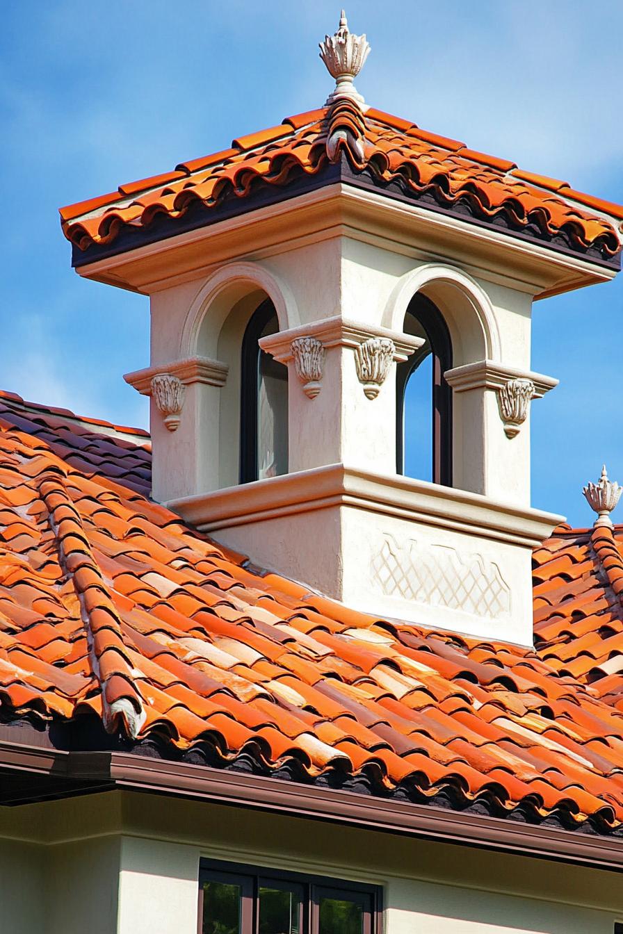 mediterranean revival architecture house facade with red barrel roof tiles with decorative finials