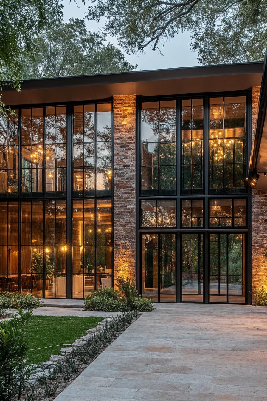 mid century modern and antique style house glass facade with wrought iron details