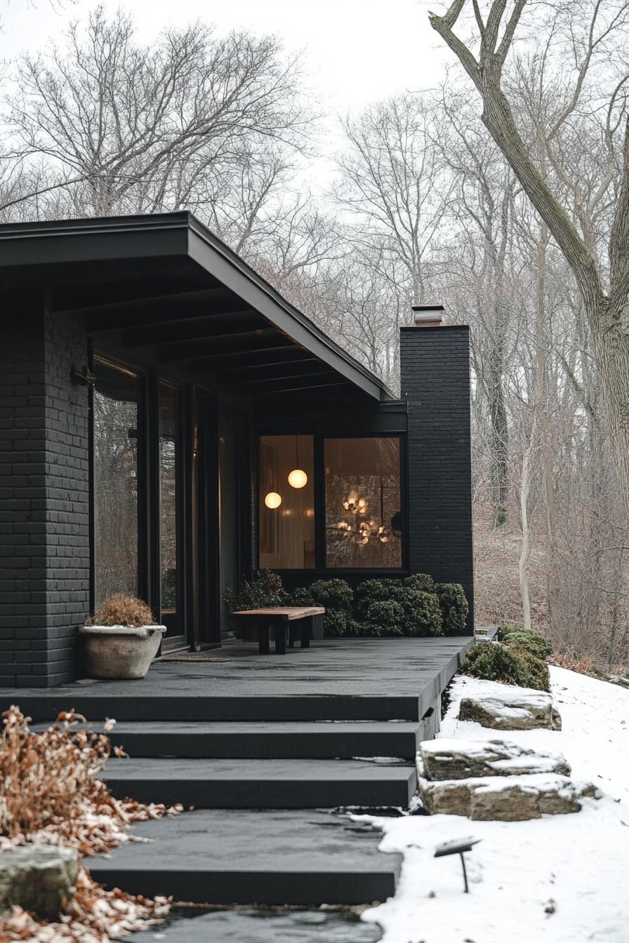 mid century modern black house facade with matte black brick walls in winter 1