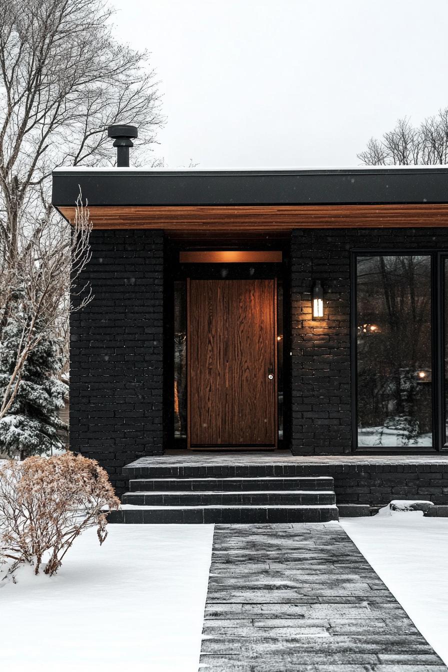 mid century modern black house facade with matte black brick walls in winter 2