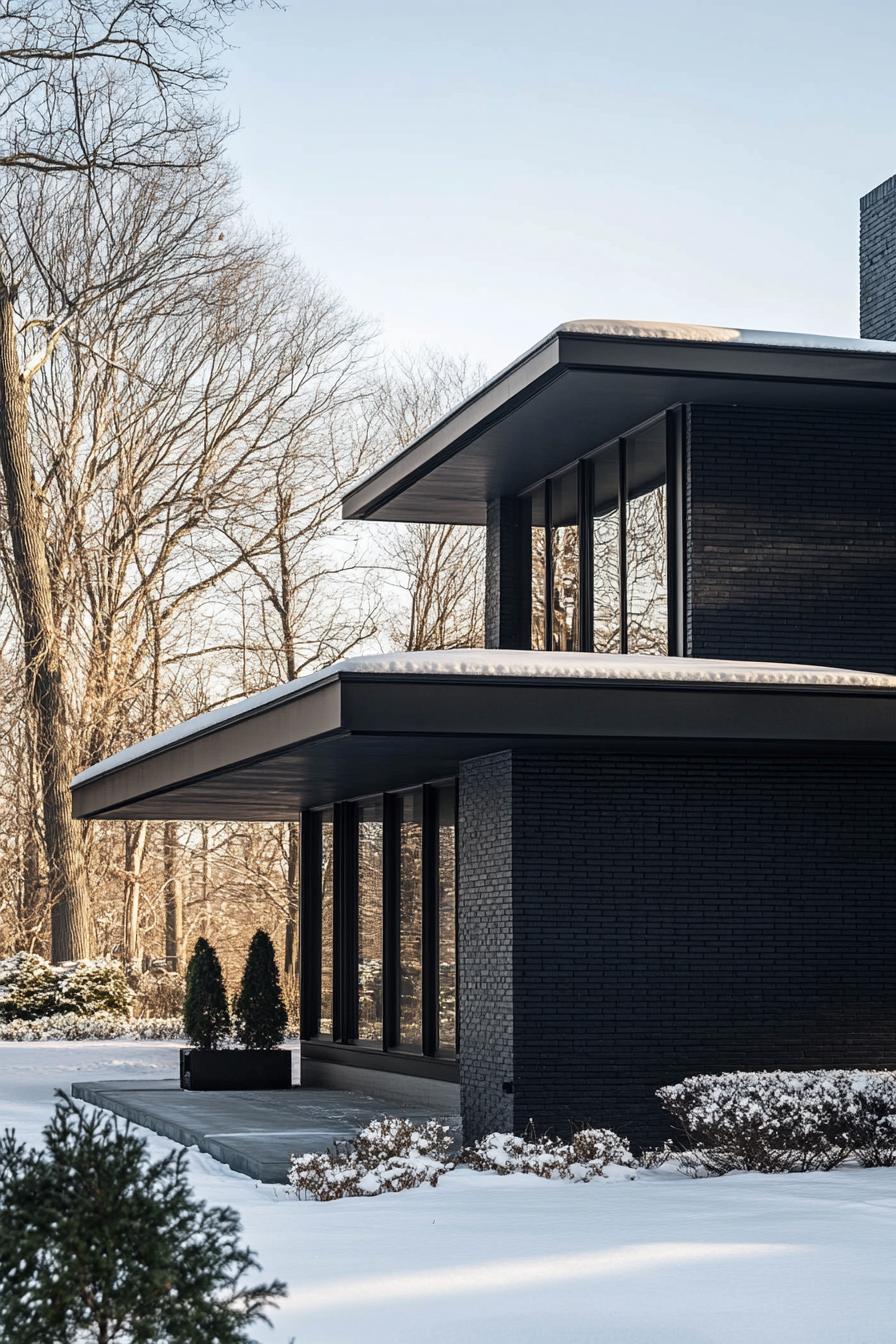 mid century modern black house facade with matte black brick walls in winter 3