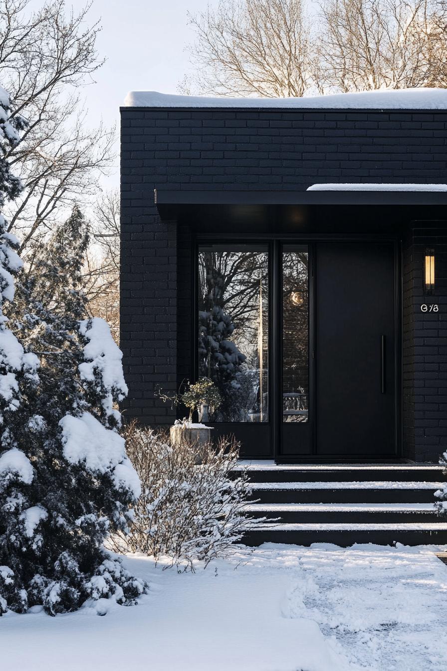 mid century modern black house facade with matte black brick walls in winter