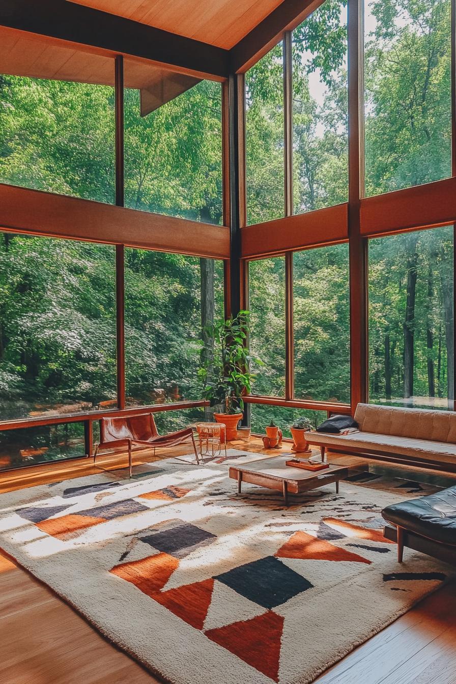 mid century modern house interior with geometric rugs and large windows overlooking a stunning forest 1