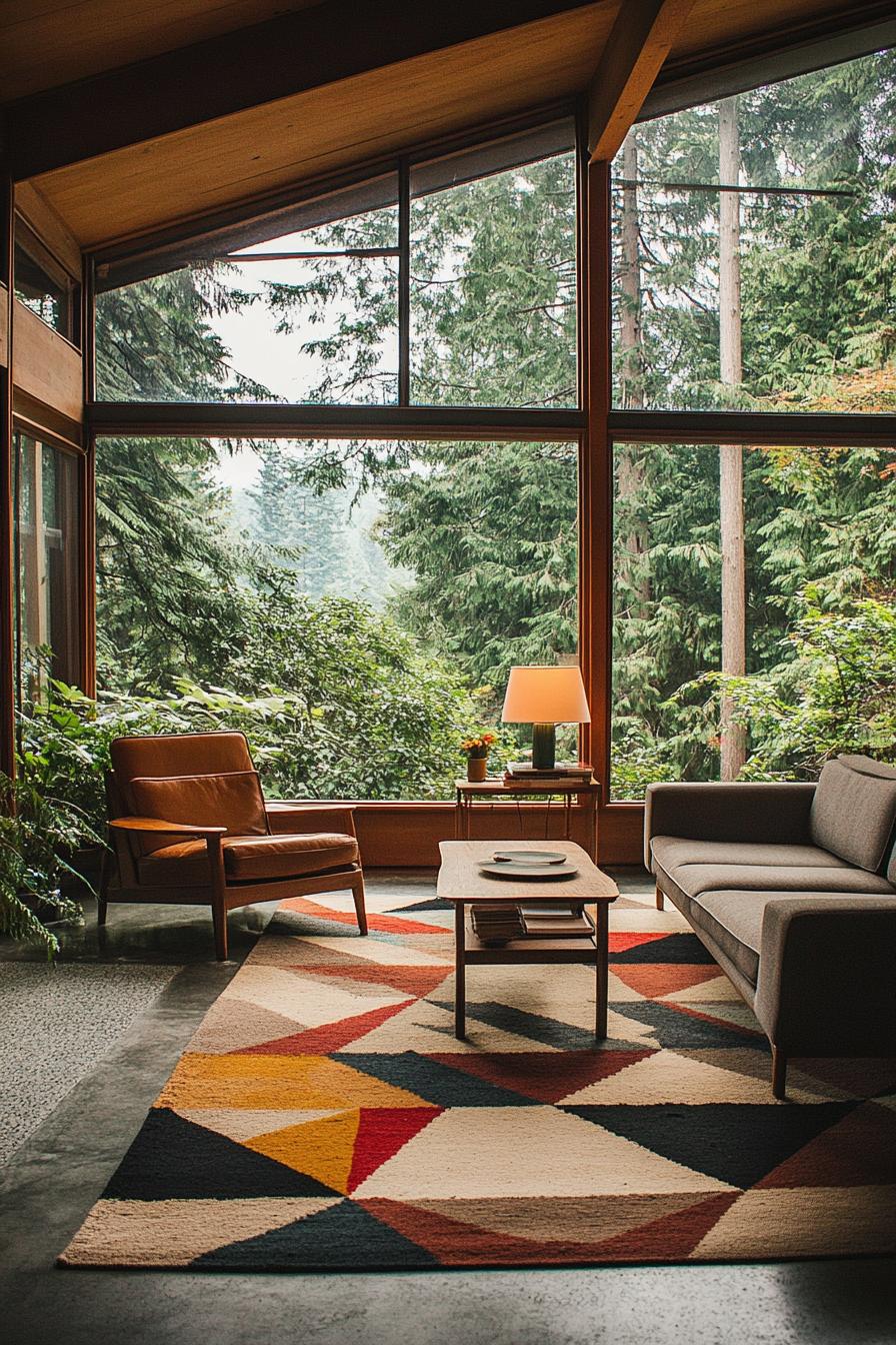 mid century modern house interior with geometric rugs and large windows overlooking a stunning forest 2