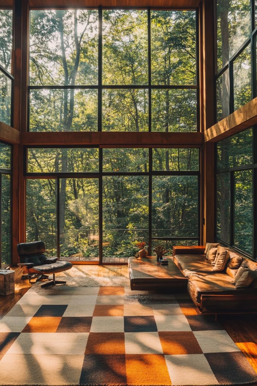 mid century modern house interior with geometric rugs and large windows overlooking a stunning forest 3