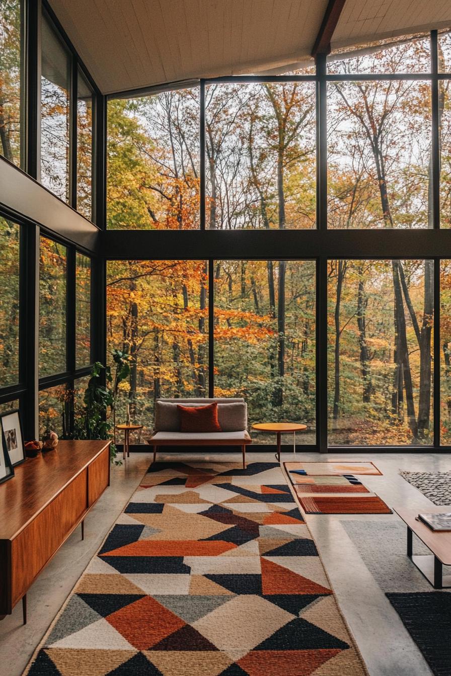 mid century modern house interior with geometric rugs and large windows overlooking a stunning forest