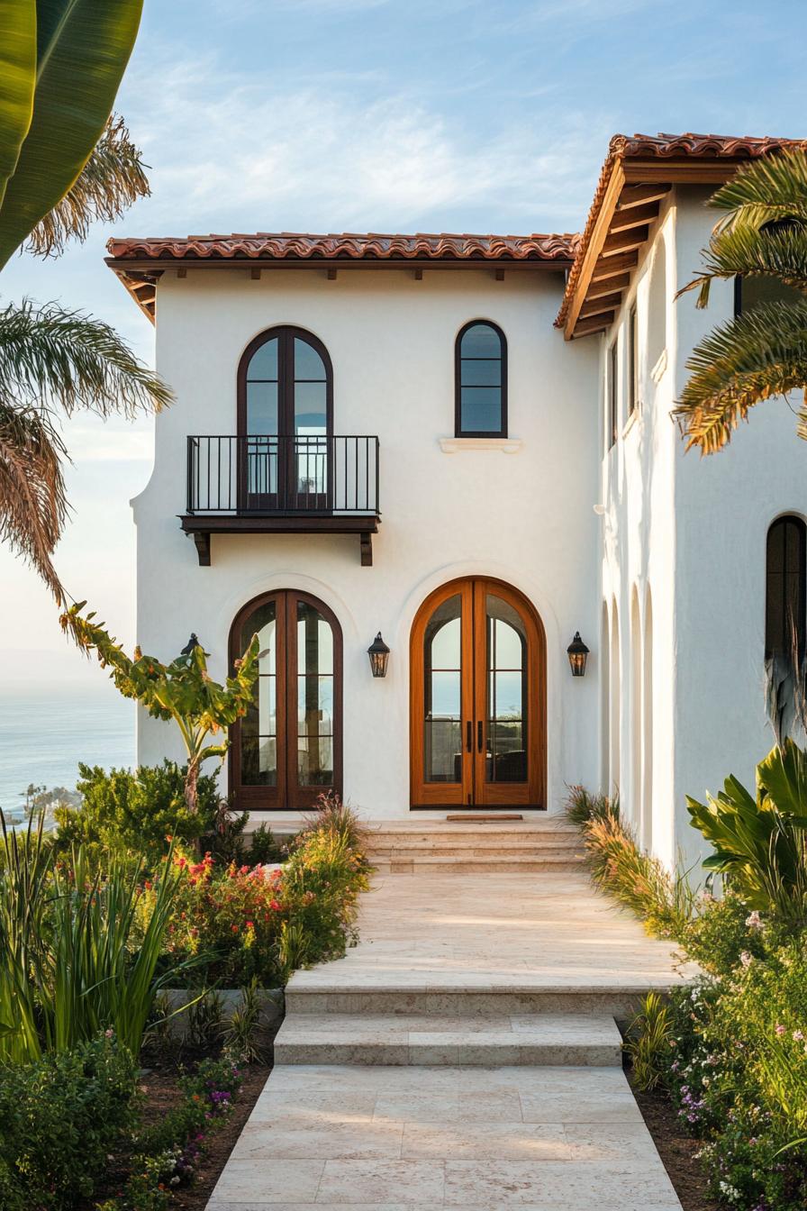 modern Californian house mediterranean style facade with arched wooden windows and doors coastal views 1