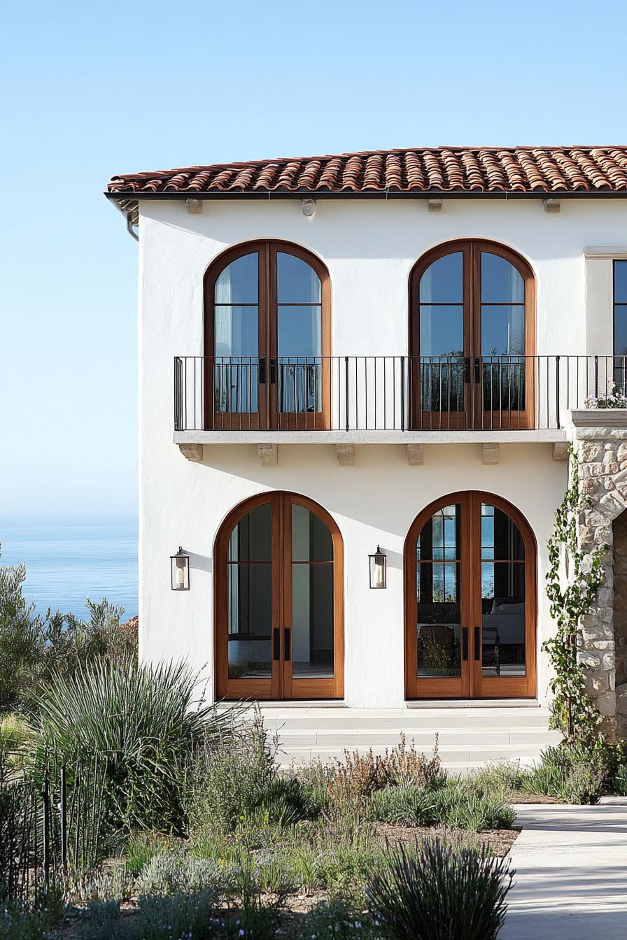 modern Californian house mediterranean style facade with arched wooden windows and doors coastal views 2