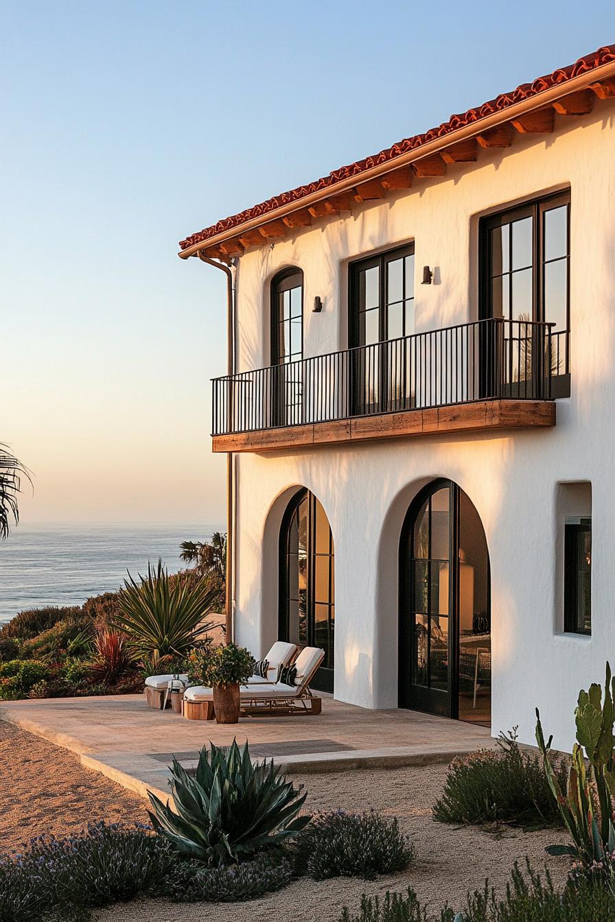 modern Californian house mediterranean style facade with arched wooden windows and doors coastal views 3