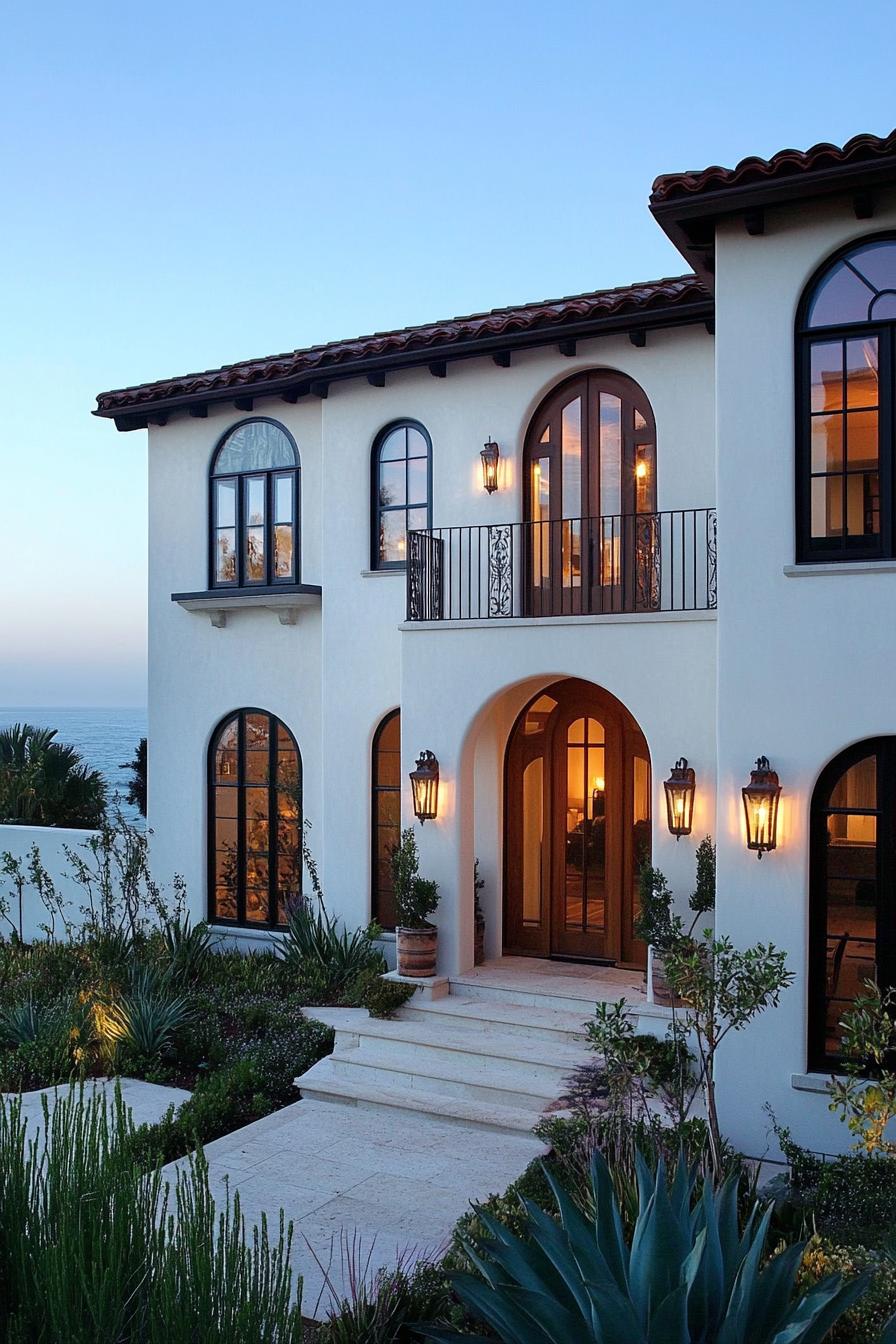 modern Californian house mediterranean style facade with arched wooden windows and doors coastal views