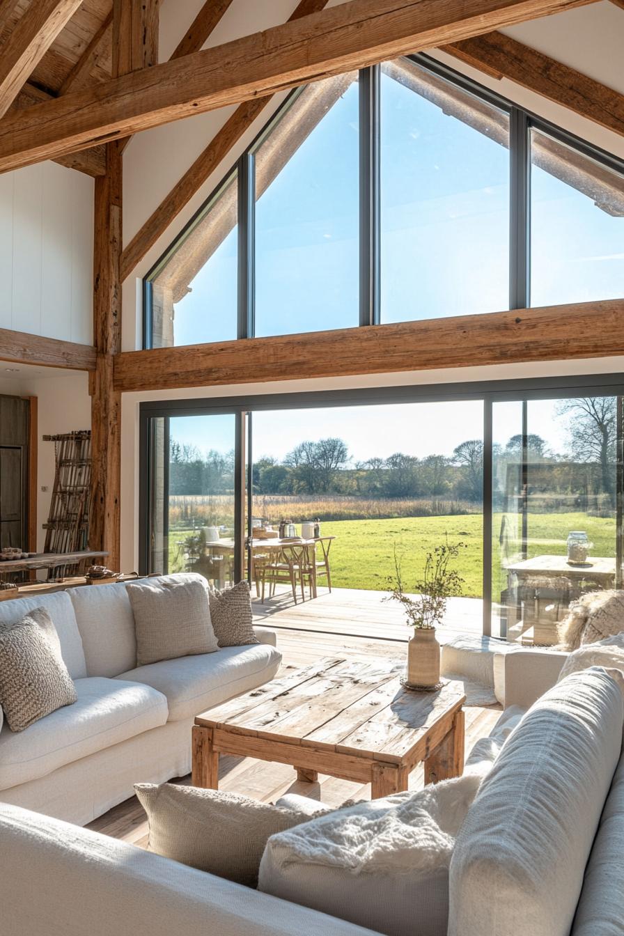 modern English cottage interior with reclaimed wood accents large windows overlooking picturesque countryside 1