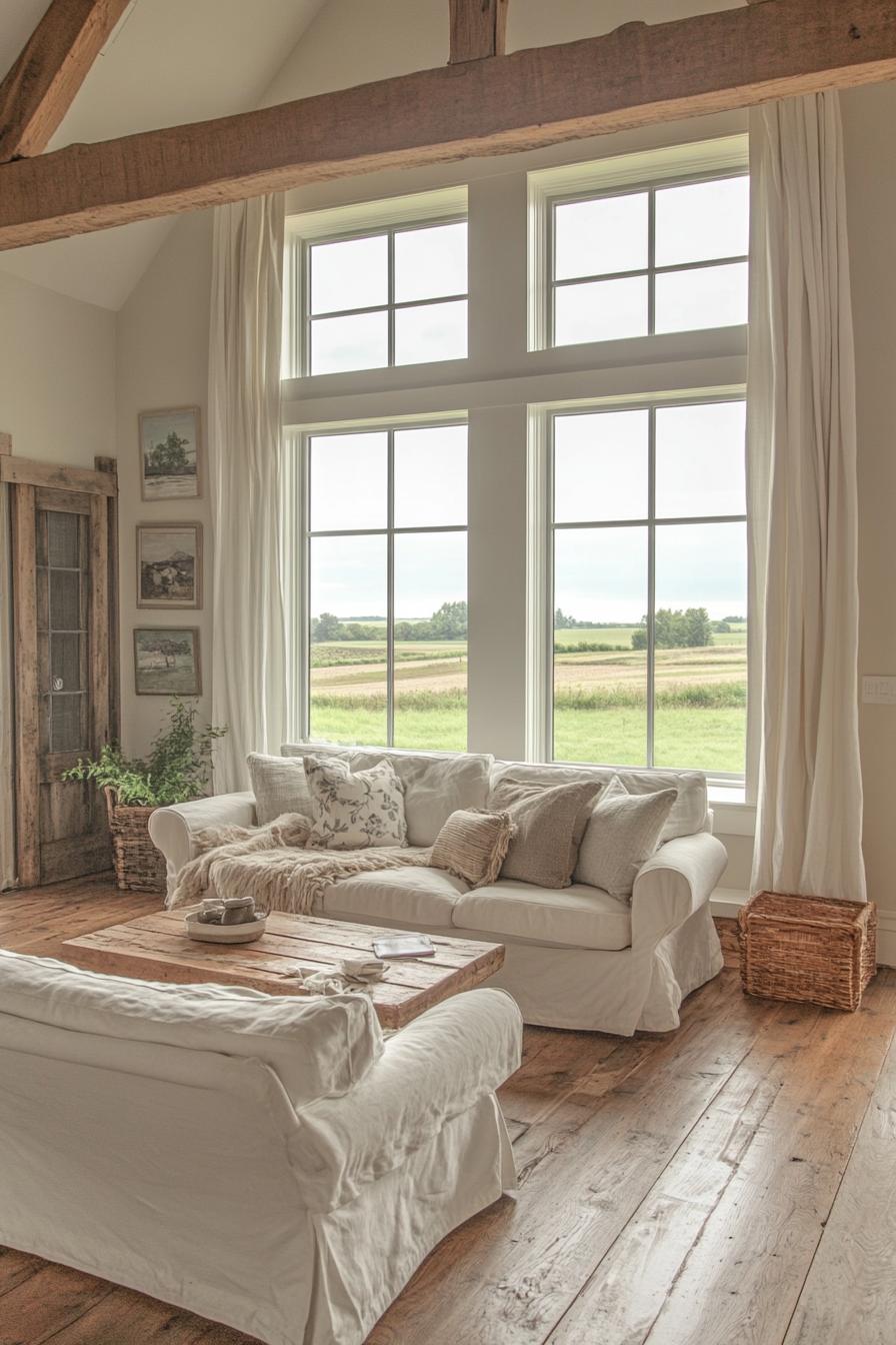 modern English cottage interior with reclaimed wood accents large windows overlooking picturesque countryside 2