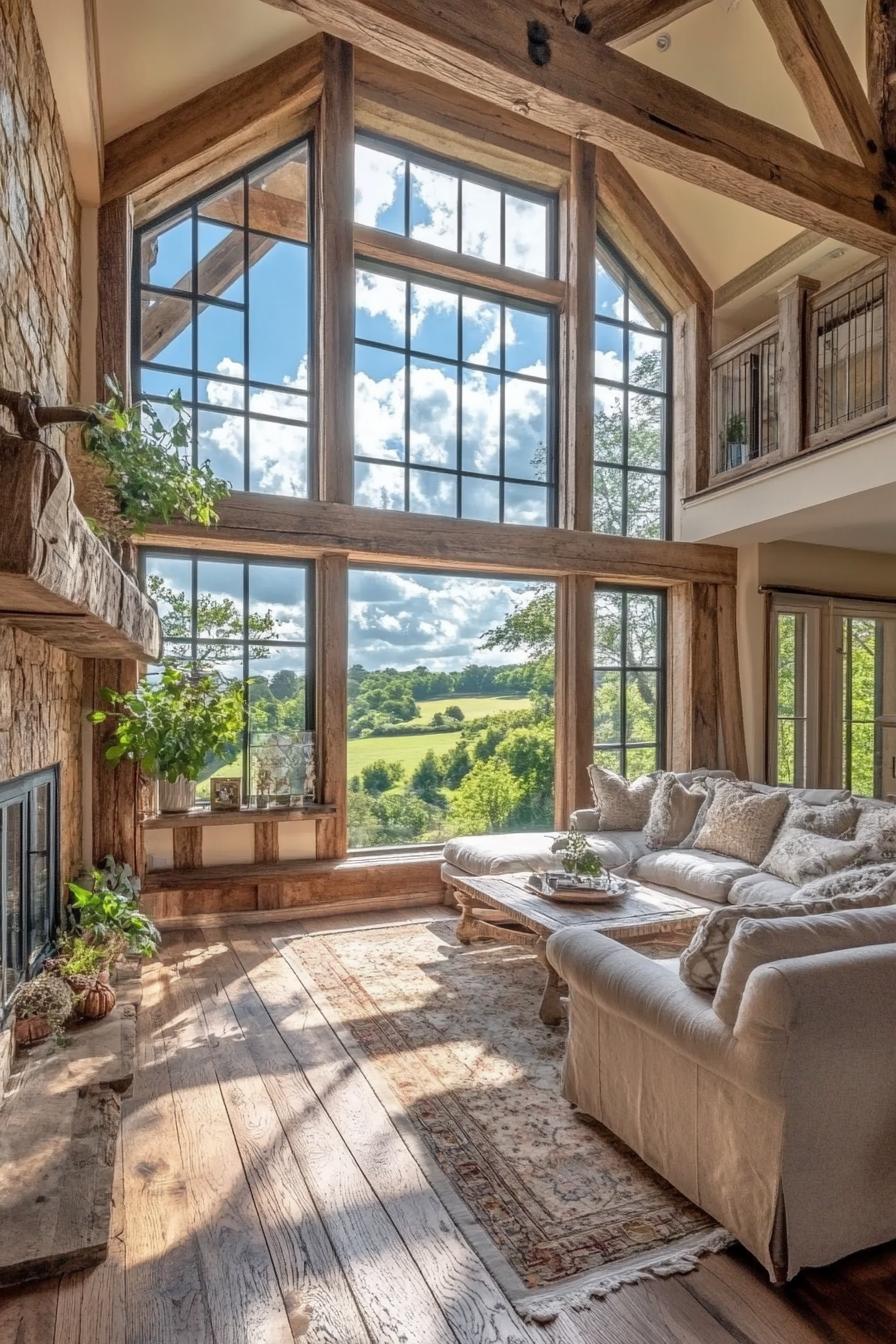 modern English cottage interior with reclaimed wood accents large windows overlooking picturesque countryside 3