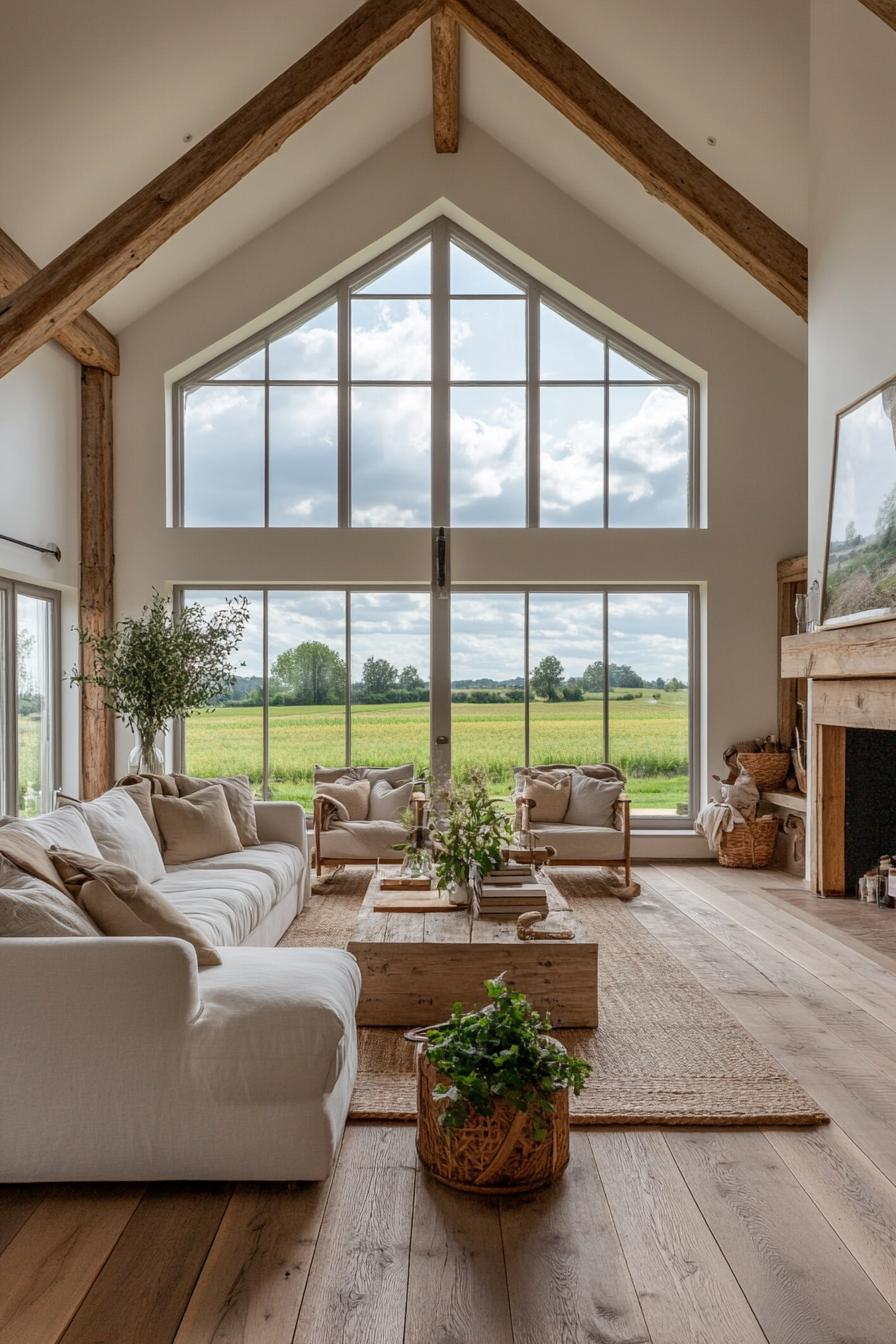 modern English cottage interior with reclaimed wood accents large windows overlooking picturesque countryside