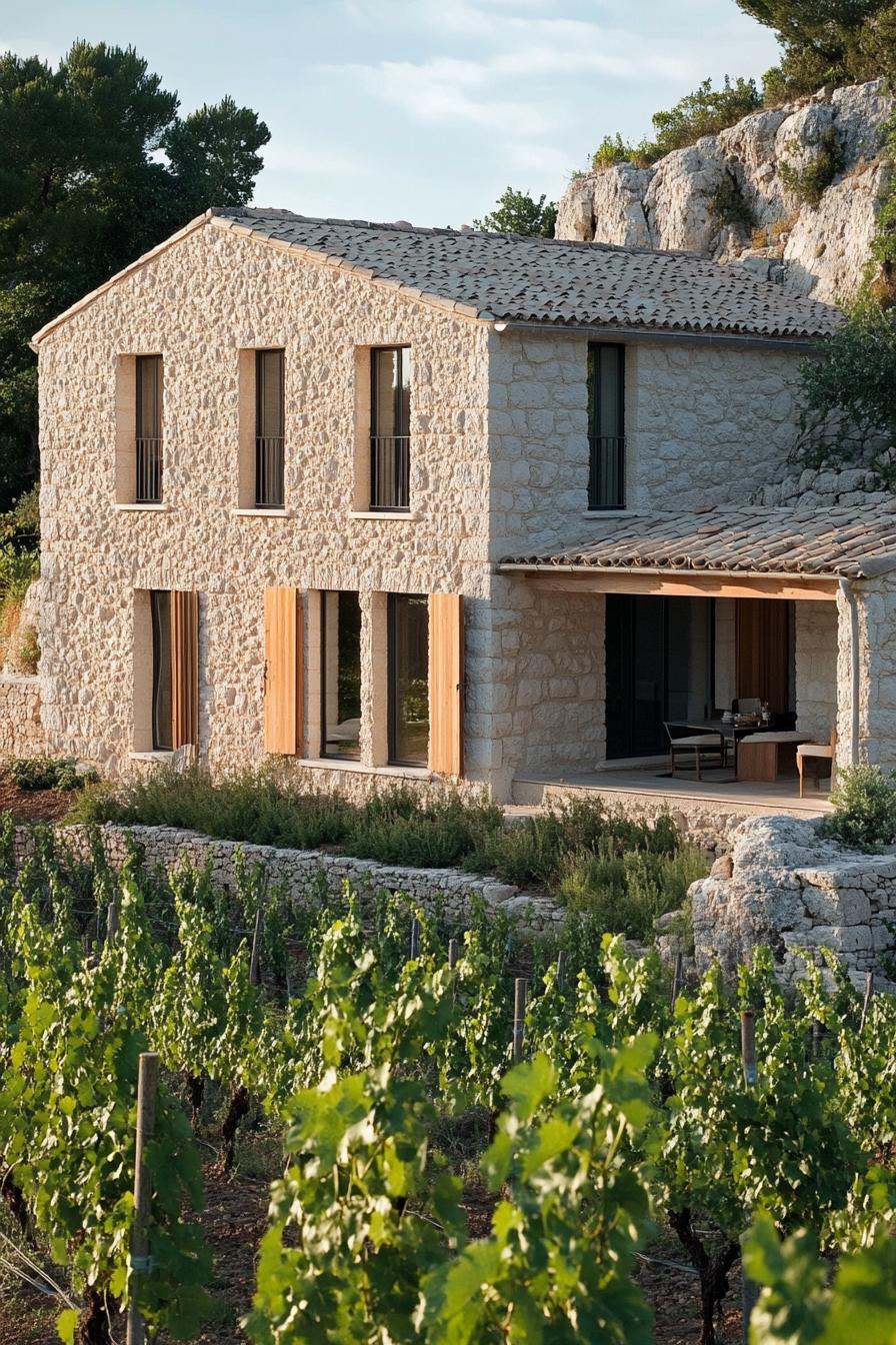 modern French mediterranean house with stone facade beautiful vineyard landscape 1