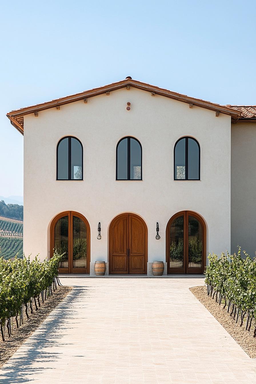 modern Italian mediterranean house facade with arched doors and windows Italina vineyard landscape 1