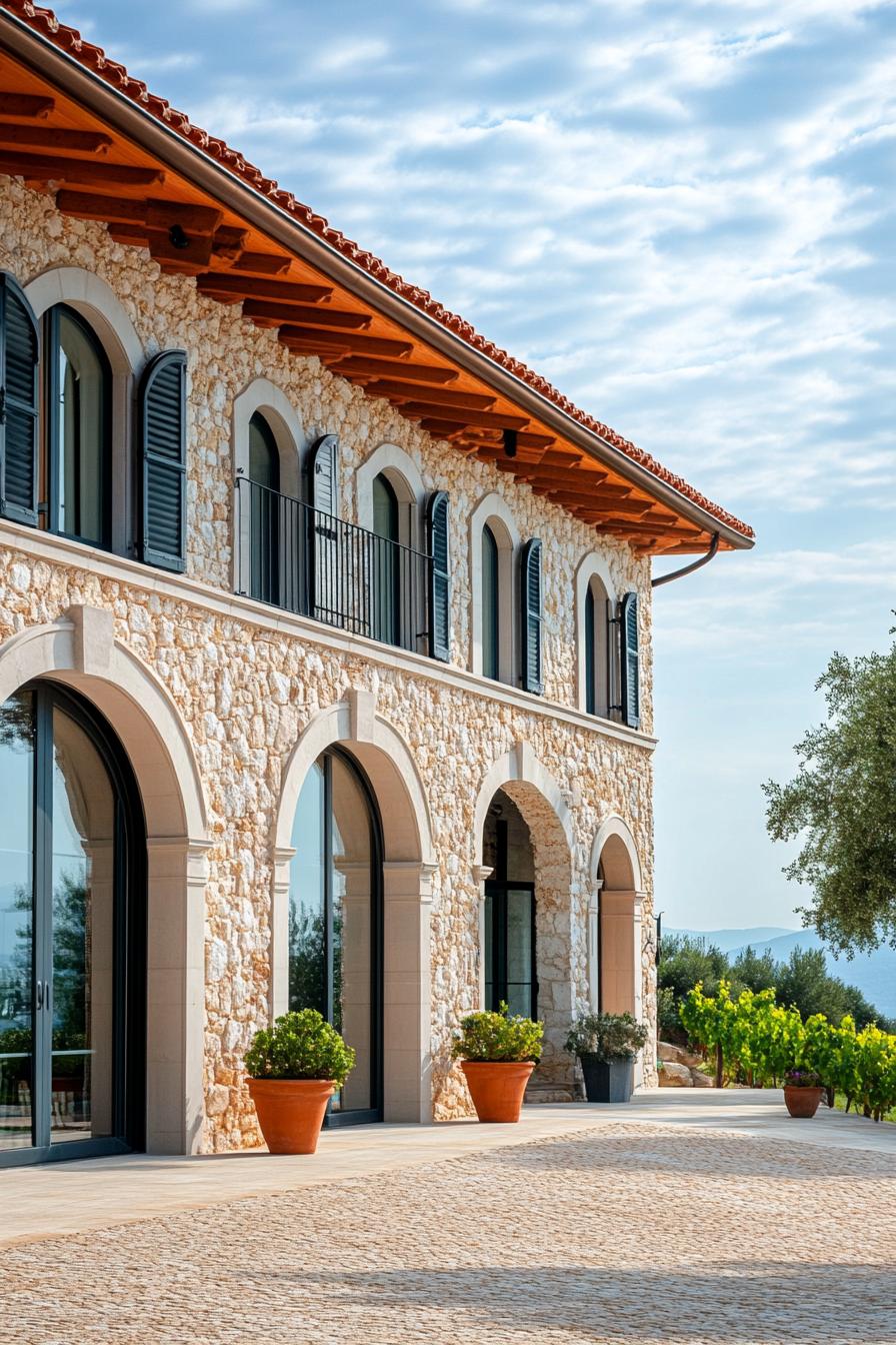 modern Italian mediterranean house facade with arched doors and windows Italina vineyard landscape 3