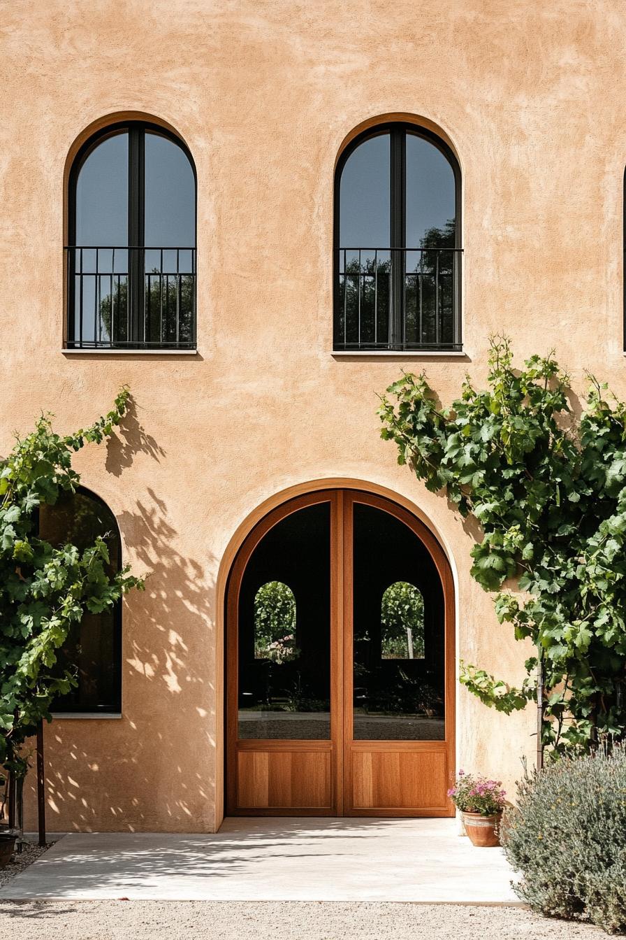 modern Italian mediterranean house facade with arched doors and windows Italina vineyard landscape