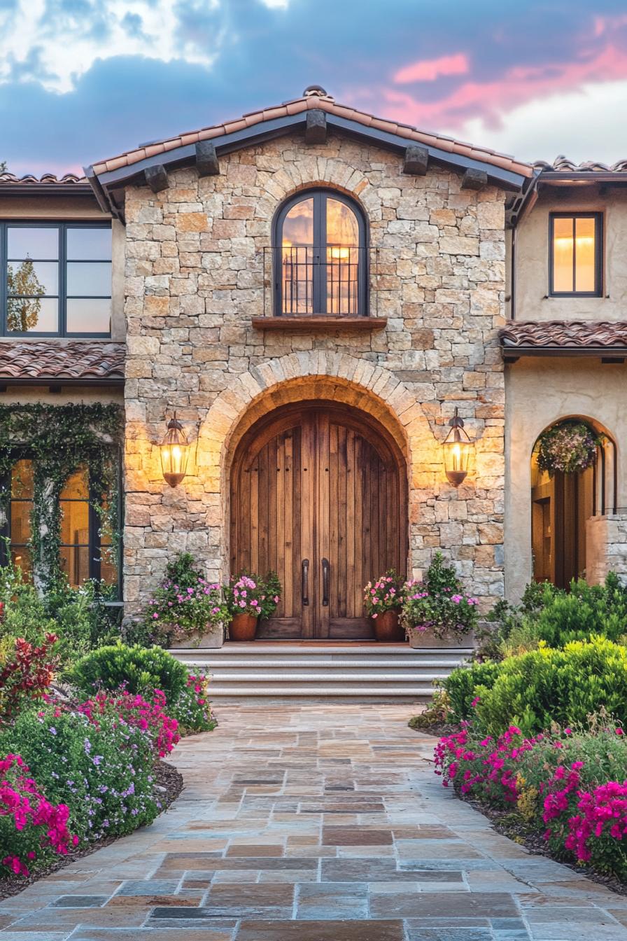 modern Tuscan mediterranean house stone facade with wooden arched doorway lush Tuscany garden 1