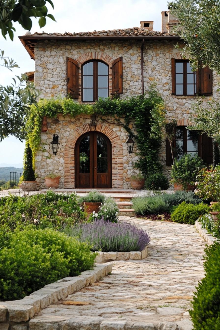 modern Tuscan mediterranean house stone facade with wooden arched doorway lush Tuscany garden 2