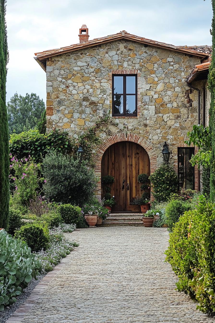 modern Tuscan mediterranean house stone facade with wooden arched doorway lush Tuscany garden 3