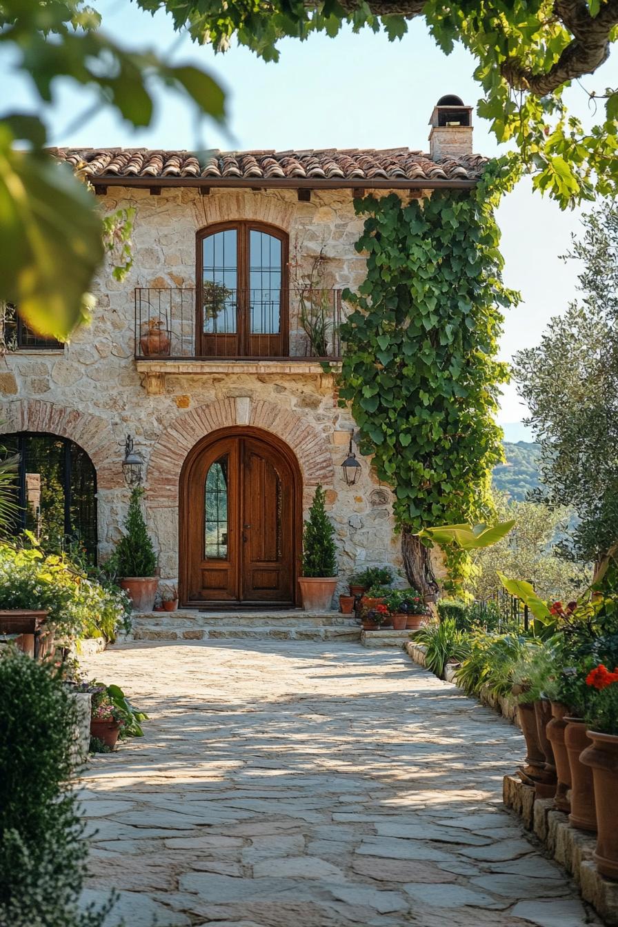 modern Tuscan mediterranean house stone facade with wooden arched doorway lush Tuscany garden