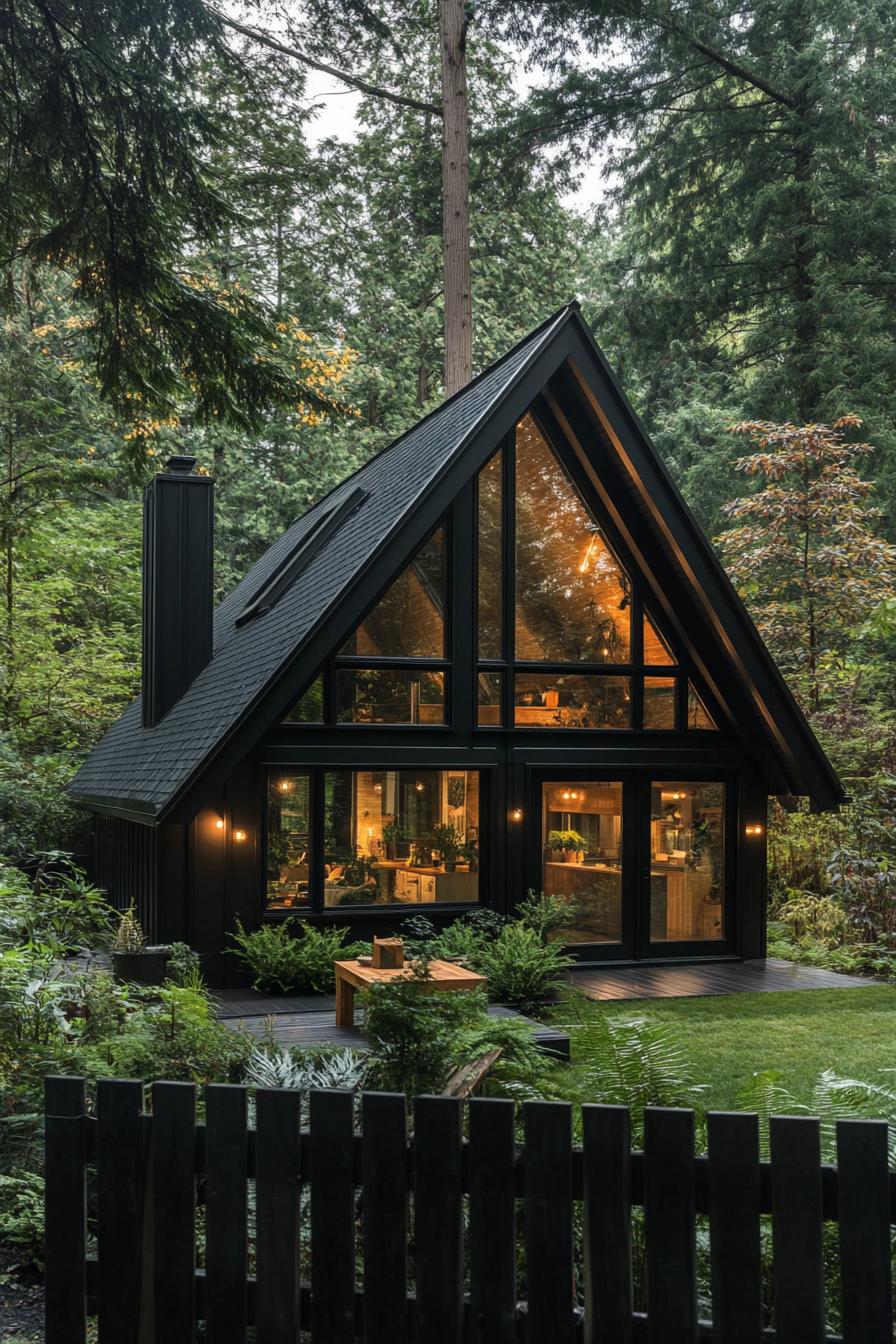 modern a frame cabin with black roof and siding full wall glass windows multi pitched roof black wooden fence in front lush forest in the