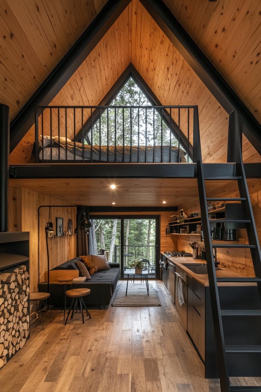 modern a frame forest cabin interior with harwood floor hardwood ceiling and black beams lofted bedroom area with black metal railings by the bed 1