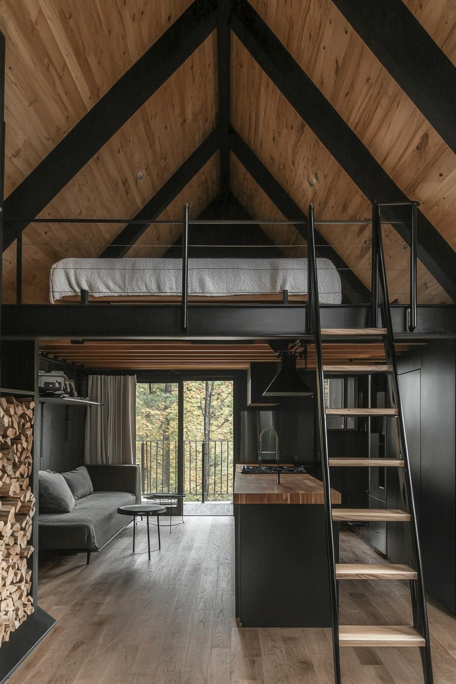 modern a frame forest cabin interior with harwood floor hardwood ceiling and black beams lofted bedroom area with black metal railings by the bed