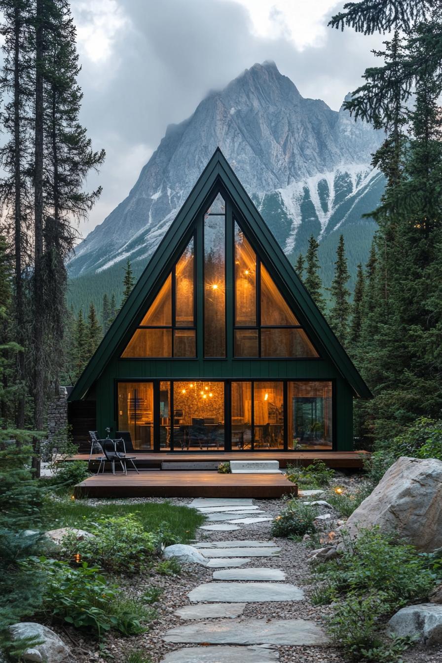 modern a frame mountain house facade in forest green color with full wall windows stone path leading to the entrance imposing mountain in the background 1