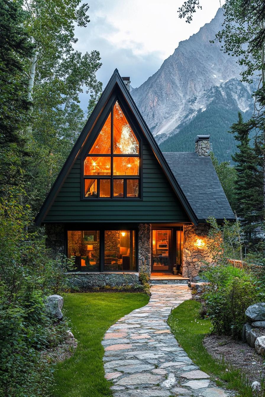 modern a frame mountain house facade in forest green color with full wall windows stone path leading to the entrance imposing mountain in the background 2