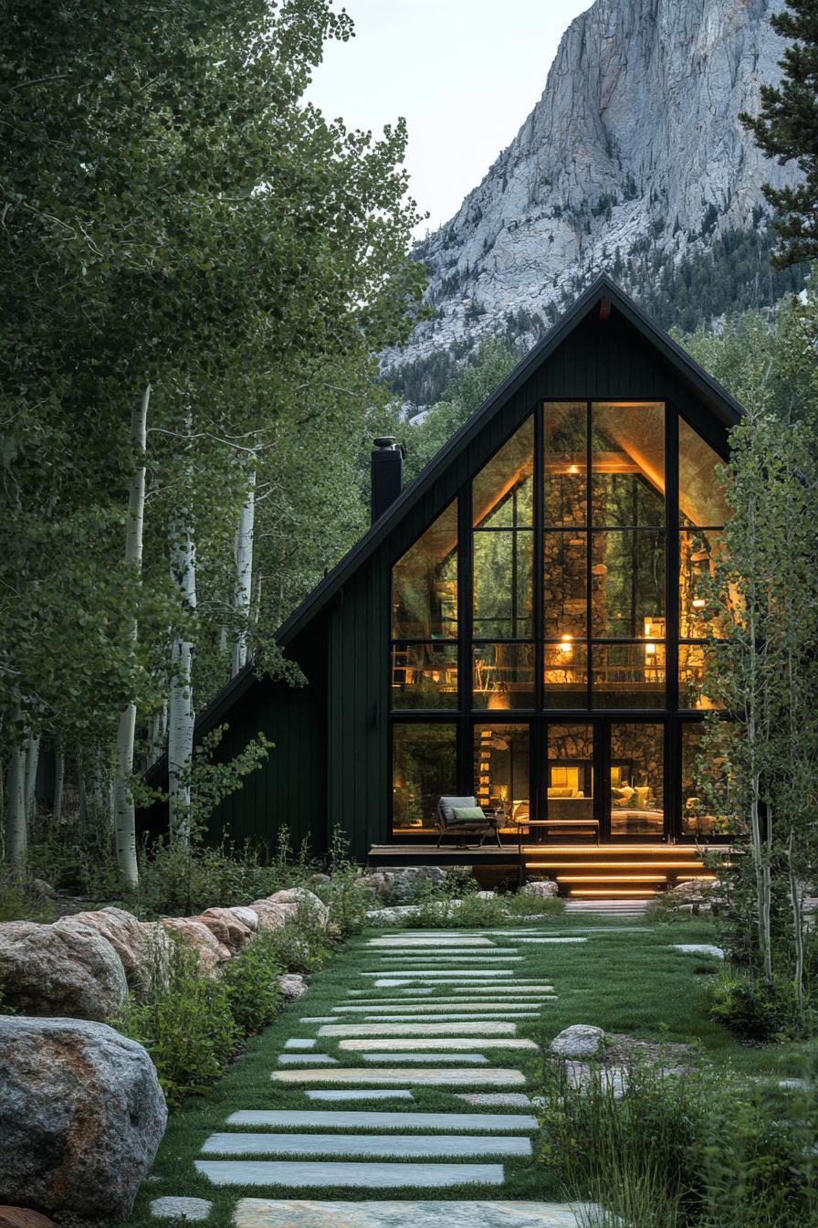 modern a frame mountain house facade in forest green color with full wall windows stone path leading to the entrance imposing mountain in the background 3