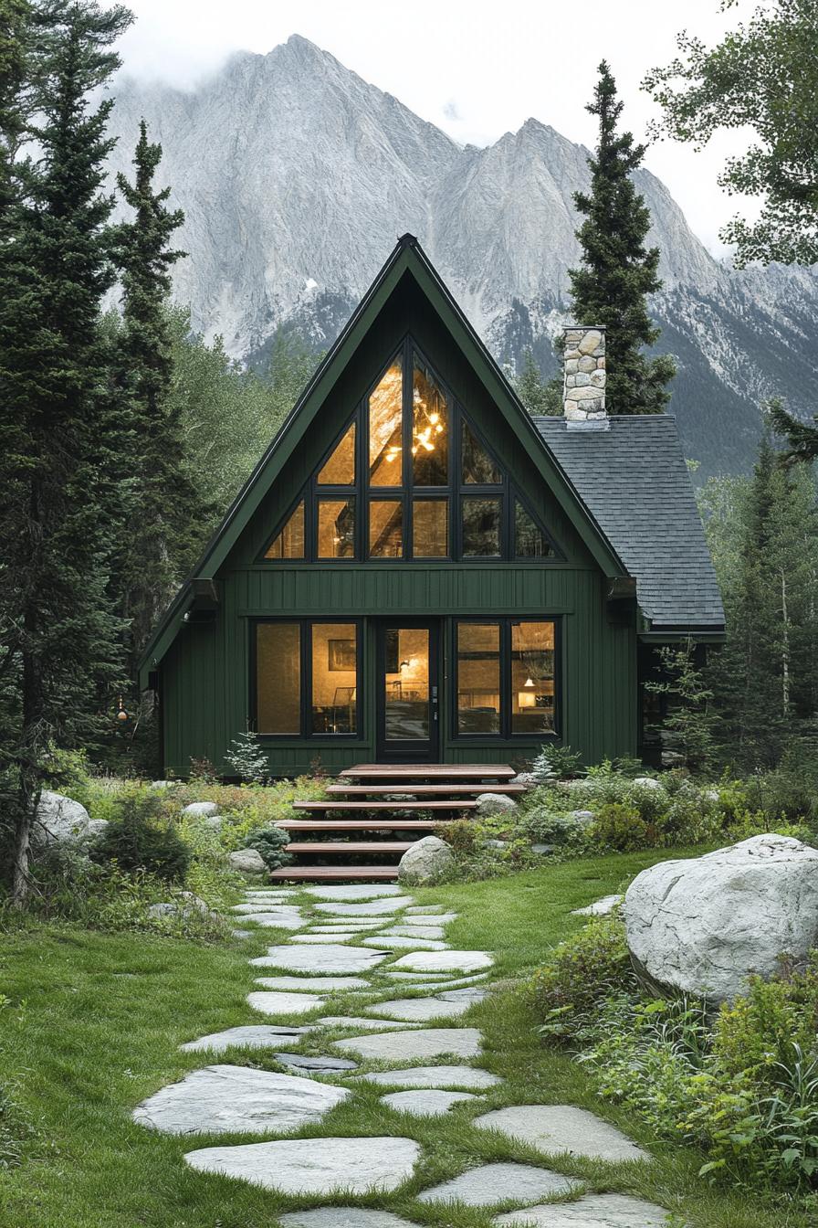 modern a frame mountain house facade in forest green color with full wall windows stone path leading to the entrance imposing mountain in the background