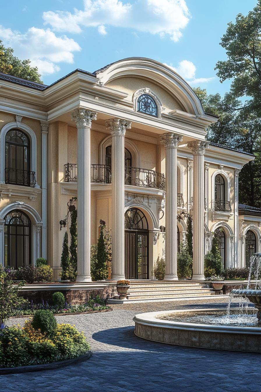 modern classic mansion palace villa with arched windows columns front yard fountain 1