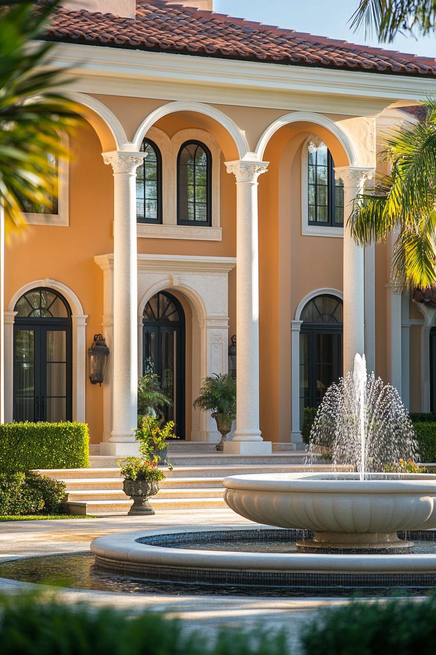 modern classic mansion palace villa with arched windows columns front yard fountain 2