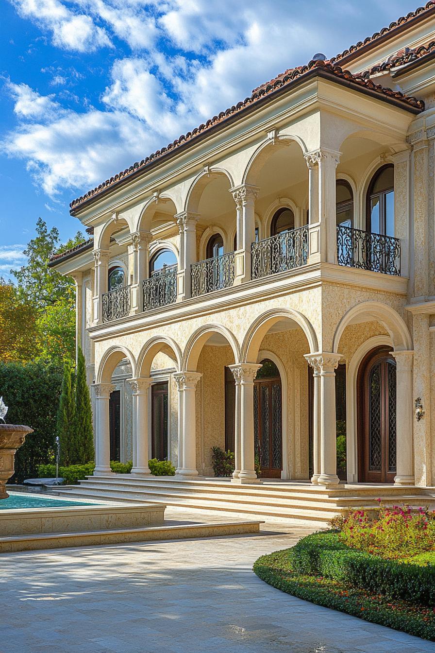 modern classic mansion palace villa with arched windows columns front yard fountain