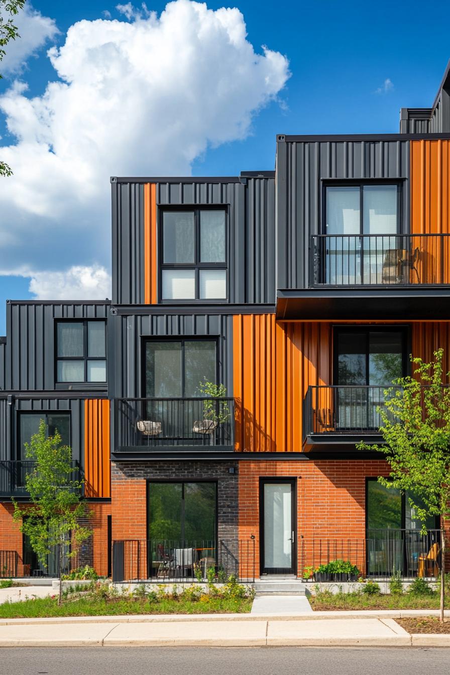 modern container apartment building with three apartments brick siding on a town street 1